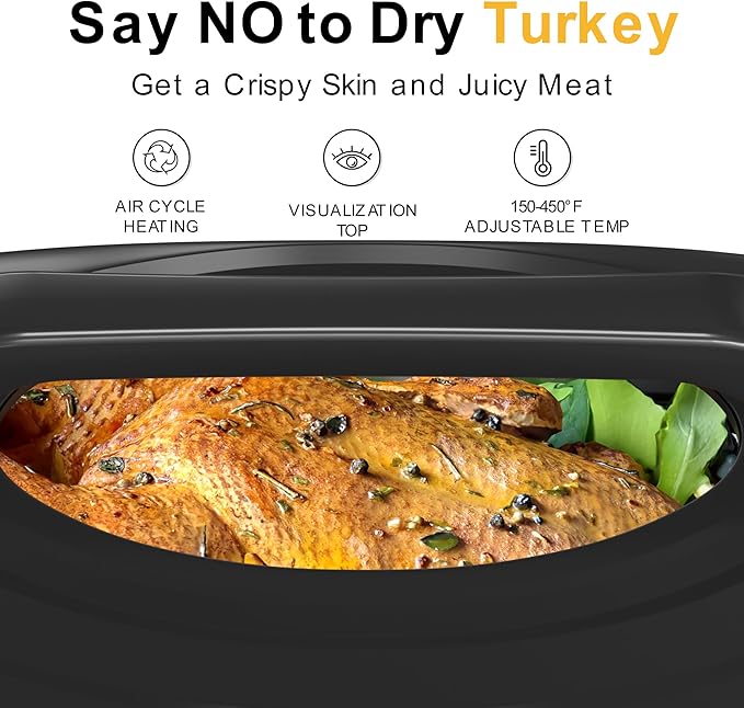 Sunvivi Electric Roaster Oven with Viewing Lid, 26-Quart Turkey Roaster, Defrost/Warm Function, Removable Pan & Rack, Stainless Steel, Grey