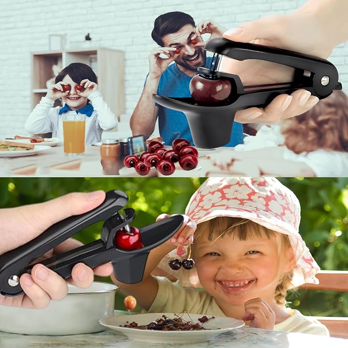 Cherry Pitter, Stainless Steel Olive and Cherries Pitters Corer Tool with Space-Saving Lock Design, Multi-Function Fruit Pit Remover for Cherry Jam (Black)