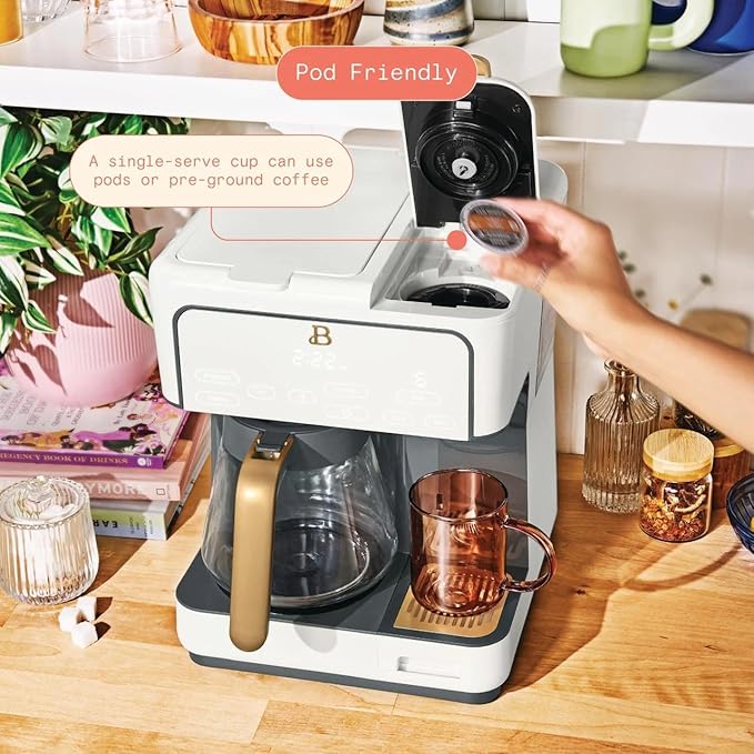 Beautiful Multi-Brew Drip Coffee Maker & Single Serve Machine, Glass Carafe, Keep Warm, Travel Mug Friendly, 3 brew settings, Touch-activated home and kitchen by Drew Barrymore (White)