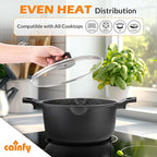 11 Inch Non Stick Pan Casserole Pot with Lid & Pour Spout - Lightweight 6.84 Quart Granite Coated Soup Pot Comfort Grip Handle - Induction Compatible PFOA Free Non Stick Cookware (Black)