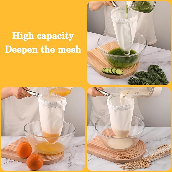 WMKGG Ultra Fine Mesh Strainer Bags,Cheese Cloth Bag for Straining, with Stainless Steel Handle Frame for Juices,Nut Milk,Fresh Cheese,Yogurt (Medium Size)(6.95"Wx11.7"D)