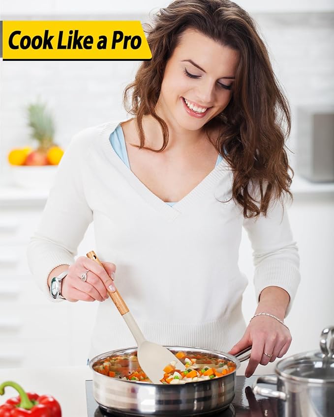 Pack of 4 Silicone Cooking Utensils Set, Non Stick Solid Spatulas and Heat Resistant Slotted Spoons with Wooden Handle, Ideal Wood Kitchen Utensils Set for Frying,Serving,Turning,Stirring (KHAKI)