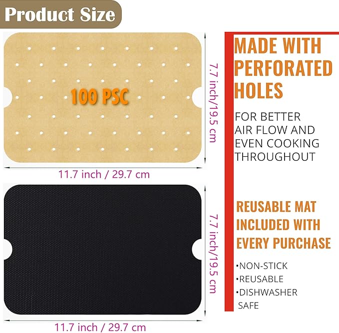 WMKGG Disposable Air Fryer Parchment Paper, 100 PCS Perforated Rectangular Air Fryer Liners for Ninja Foodi XL Smart FG551 6-in-1 Indoor Grill