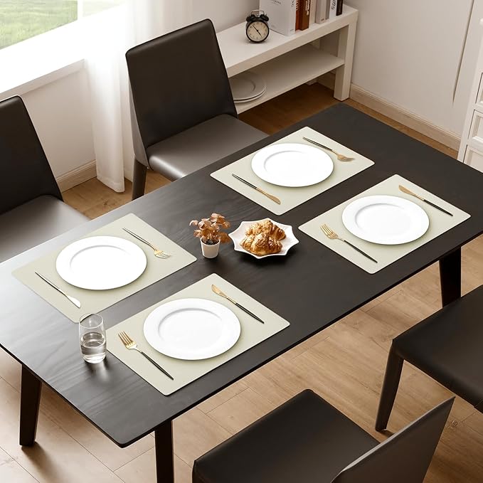MOSAYT Vinyl Placemats Set of 4, Heat Resistant Place Mats 100% Waterproof Washable & Wipeable Faux Leather Reversible Table Mats for Kitchen Dining Party Indoor Outdoor, 12" x 17", Beige