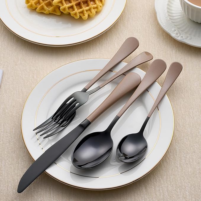 20-Piece Black Silverware Set 18/0 Stainless Steel Silverware Set Brown Handle Cutlery Set Service for 4 Dinner Knives Forks Spoons Set Flatware Set Finish Dishwasher Safe