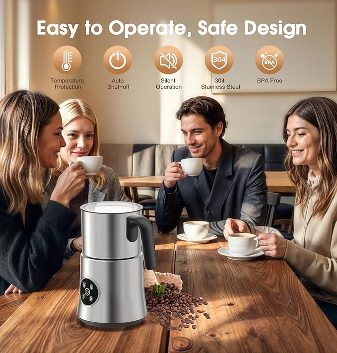 Milk Frother and Steamer, Detachable Electric Milk Frother, Large Capacity Automatic Milk Steamer with LED Touch, Hot & Cold Foam Maker for Coffee, Latte, Cappuccino, Hot Chocolate, Quiet Operation