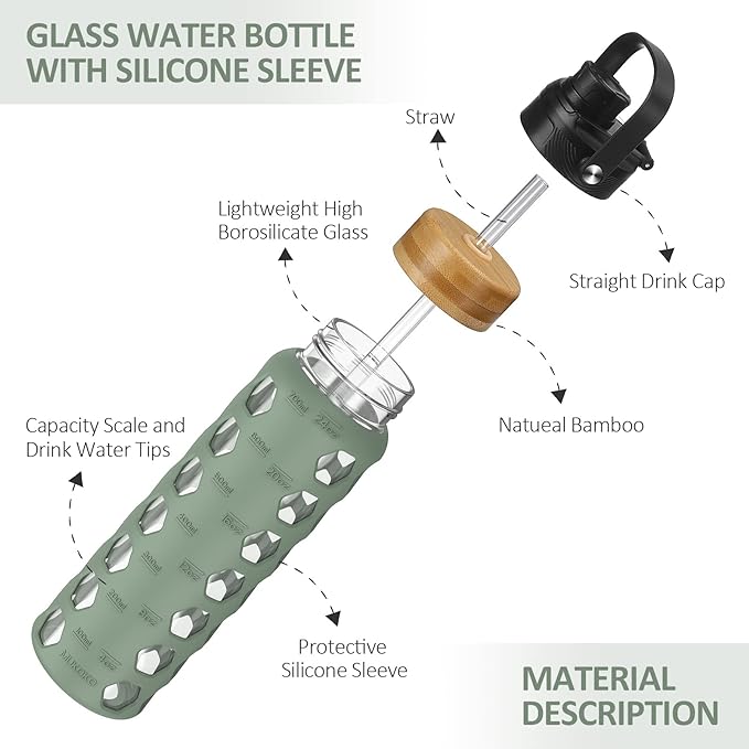 MUKOKO 24oz Glass Water Bottle with 2 Lids-Handle Flip Lid&Bamboo Straw Lid,Motivational Water Tumbler with Time Marker Reminder and Silicone Sleeve, Leakproof-Olive