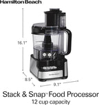 Hamilton Beach Stack & Snap Food Processor and Vegetable Chopper, BPA Free, Stainless Steel Blades, 12 Cup Bowl, 2-Speed 450 Watt Motor, Black (70725A)