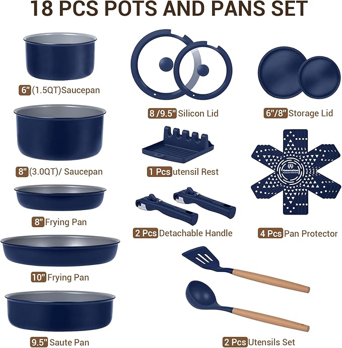 Ammeloo 18-Piece Ceramic Pots and Pans Set Non Stick, Non Toxic Cookware Set with Removable Handles, Pot Sets for Cooking, Induction Ready, Dishwasher & Oven Safe, PFAS PFOA & PTFE Free Navy Blue
