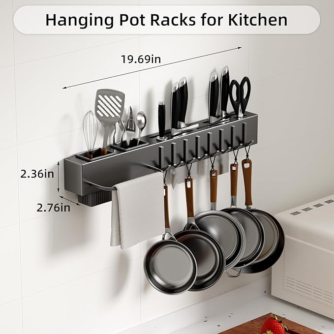 NET MEYA Stainless Steel Pot and Pan Hanger,Wall Mounted Pot Rack Kitchen Hanging Rail With S Hooks,Detachable Pans Hanging Rail Kitchen Lids Utensils Hanger,19.7 InchWall Mounted Hanging Pot Rack