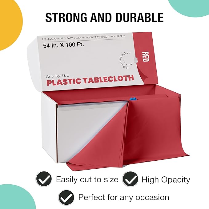 Exquisite Party Solids 54 Inch X 100 Feet Red Plastic Table Cover Roll in A Cut - to - Size Box with Convenient Slide Cutter. Cuts Up to 12 Rectangle 8 Feet Plastic Disposable Tablecloths