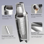 Hybrid Cocktail Shaker Set with Stackable Cups | Vacuum Insulated Stainless Steel Martini Shaker & Bartender Tools | Travel-Ready Kit | 30oz | Silver