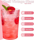 Ciaell 12 Pack Romantic Plastic Water Glasses - 14 Oz Pink Vintage Drinking Glasses, Embossed Ribbed Plastic Cups, Textured Striped Set for Juice, Beverages, Beer, Cocktail