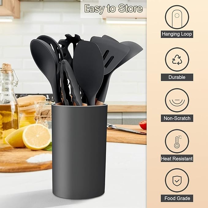 Kitchen Utensils Set of 12, E-far Silicone Cooking Utensils with Holder, Non-stick Cookware Friendly & Heat Resistant, Includes Spatula Tong Whisk Ladle Brush Slotted Turner Spoon(Gray)