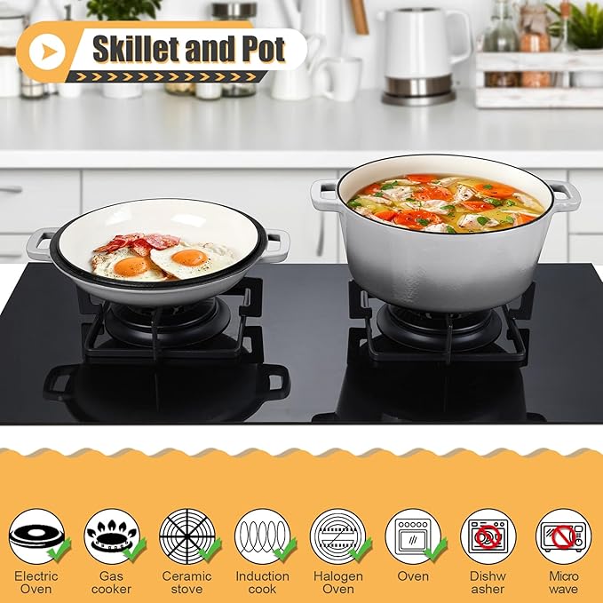 P&P CHEF 5Qt Dutch Oven Pot for Bread Baking (Gray), 2 In 1 Round Cast Iron Dutch Oven with Lid Set, Skillet & Pot for Roasting Braising Stewing Frying Simmering, Multi Stoves & Oven Safe