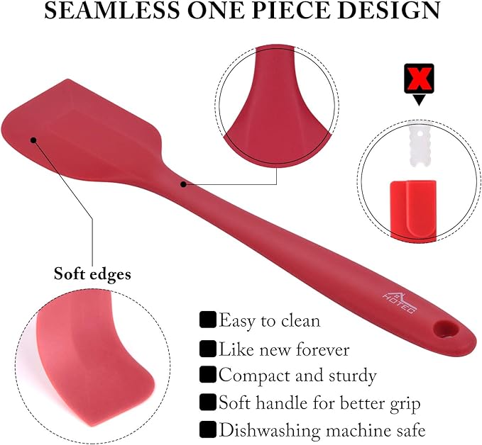 HOTEC Heat Resistant 600℉ BPA-Free Silicone Rubber Spatula Set, Kithchen Cooking Spatulas, Baking, Mixing, for Non Stick Cookware, Dishwasher Safe, Red Set of 5
