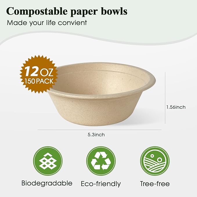 ECOLipak 12 oz Paper Bowls, [150-Pack] Compostable Paper Bowls Bulk, Heavy-duty Disposable Soup Bowls for Hot And Cold Food