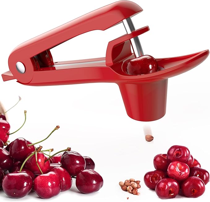 Cherry Pitter - Ordekcity Stainless Steel Cherries Corer Pitter Tool with Hand-held Push Design, Save Time & Space for Making Cherry Jam with Lock Design(Red)
