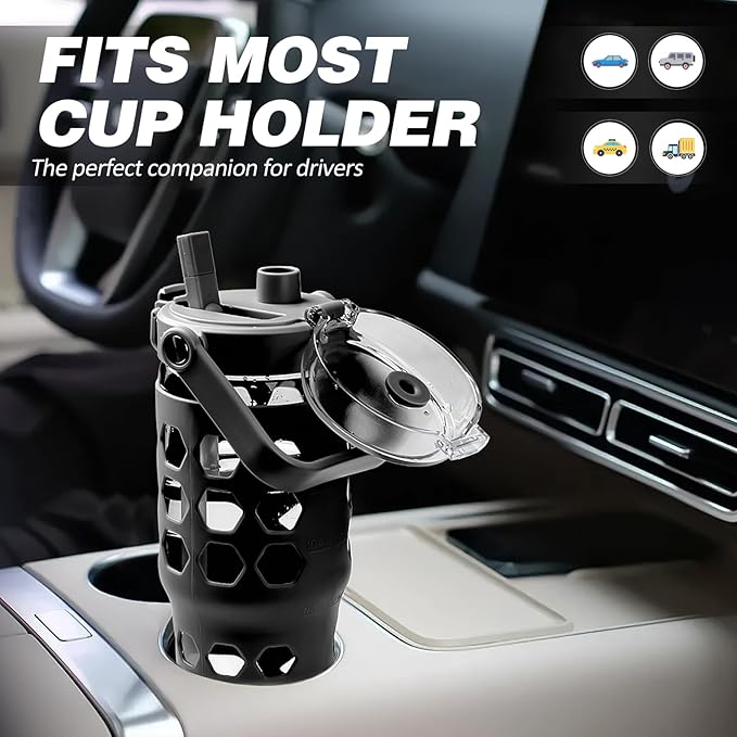 MUKOKO 32 oz Glass Tumbler with Straw,Glass Water Bottles with Time Marker,Iced Coffee Cup with Silicone Sleeve,Motivational Drinking Bottles,Leakproof-Black