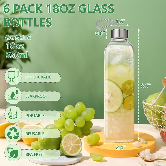 18oz Glass Juice Bottles with Lids Carry Strap, Reusable Glass Water Bottle BPA Free Leakproof Wide Mouth Smoothie Tea Coffee Cold Brew Storage Refrigerator Safe, 6 Pack