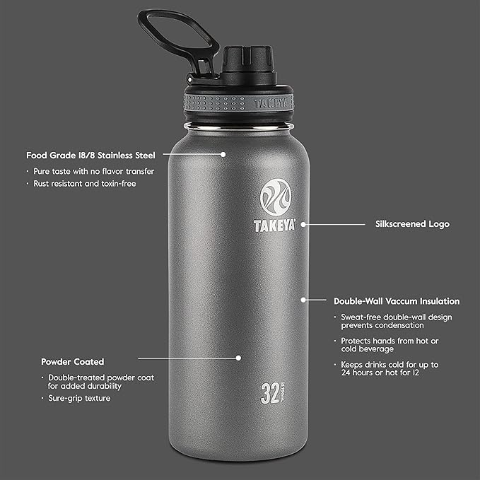 Takeya Originals 32 oz Vacuum Insulated Stainless Steel Water Bottle with Spout Lid, Navy