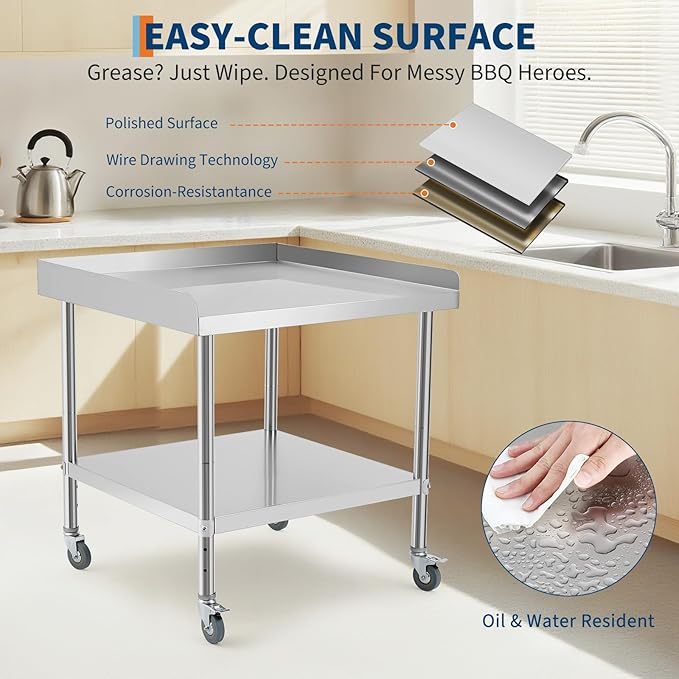 24x24x30 Inch Stainless Steel Equipment Grill Stand Table NSF Certified with 5" Wheels, 400 Lbs Capacity, 2" Edge Baffle, for Hotel, Home, Commercial Restaurant Kitchen