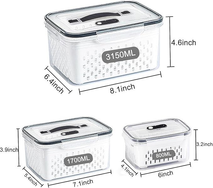 Fruit Storage Containers for Fridge with vent holes and handle，Airtight Food Storage Containers Keep Fruits, Vegetables, Berry, Meat Fresh longer,BPA-free Fridge Storage Container with Lid (3 Pack)