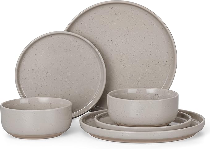 HaWare Stoneware Dinnerware Sets, 6-Piece Plates and Bowls Set for 2, Dishes Set for Home Restaurant, Speckled Cream Coffee