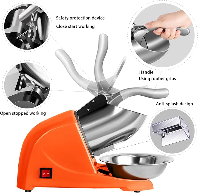 Ice Shaver, Electric Shaved Ice Machine 4-blades Ice Shaver Machine,200lbs/hr ice crusher with Ice Pick for Home and Commercial Use（Orange）