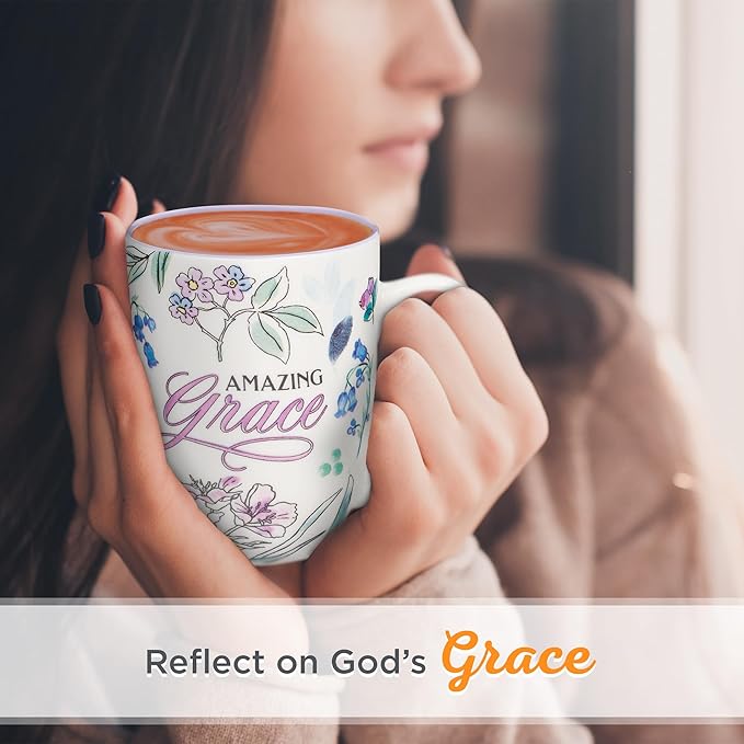 Christian Art Gifts Inspirational Ceramic Coffee & Tea Mug for Women: Amazing Grace, Cute Encouraging Lead-free Microwave & Dishwasher Safe Drinkware, White & Lavender Purple Multicolor Floral, 12 oz.