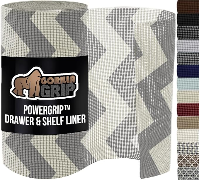 GORILLA GRIP powerGRIP Drawer Shelf and Cabinet Liner, Thick Strong Hold, Non-Adhesive Liners Protect Kitchen Cabinets and Cupboard, Bathroom Drawers, Easy Install, Breathable Mat, 12" x20', Chevron