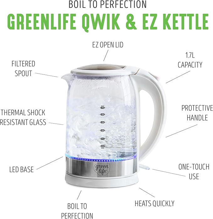 GreenLife 1.7 Liter Glass Electric Kettle, Easy One Touch Use, Quick Heating, Filtered Spout, LED Base, Auto Shut-Off, Cordless Serving, Coffee and Tea, White