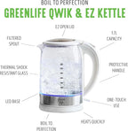 GreenLife 1.7 Liter Glass Electric Kettle, Easy One Touch Use, Quick Heating, Filtered Spout, LED Base, Auto Shut-Off, Cordless Serving, Coffee and Tea, White