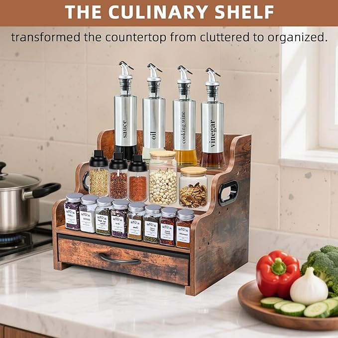 3-Tier Liquor Bottle Display Shelf with Drawers- Holds 12 Bottles & 36 K-Cups, Tabletop Wine Rack, Coffee Syrup Rack, for Mini Bar, Whiskey, Spice Storage, Kitchen Organizers