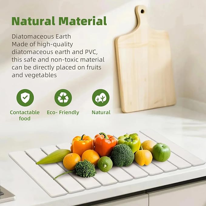 Large Stone Dish Drying Mat for Kitchen Counter,Foldable Water Absorbing Diatomaceous Earth Dish Drying Mat,Quick Dry Stone Dishes Mats for Countertop Bottles Utensils Cups,24"L x 16"W