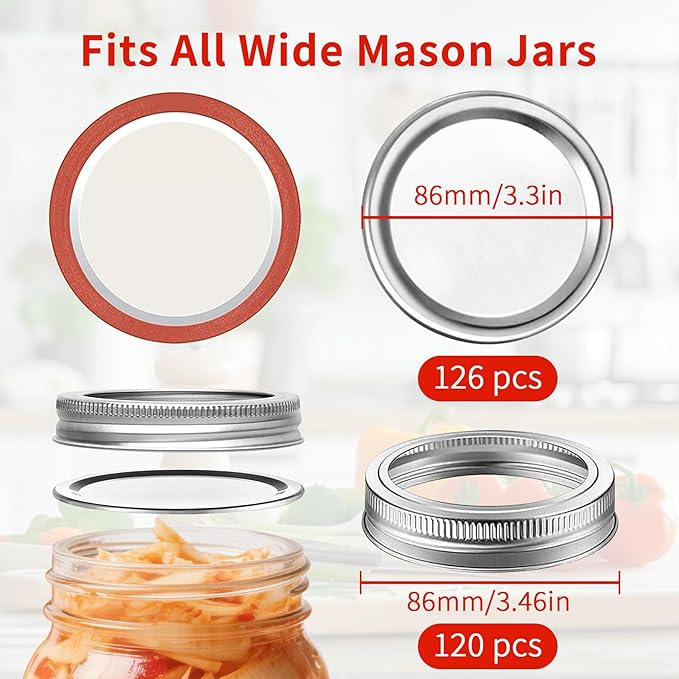 Aliggbent Canning Lids 130PCS, Mason Jar Lids Wide Mouth 86MM Canning Lids Anti-Rust and Leak Proof Airtight Split-Type Lids Silver Canning Flats with Silicone Seals for Mason Jars
