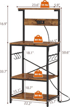 SUPERJARE Kitchen Bakers Rack with Power Outlet, Coffee Bar Table 4 Tiers, Kitchen Microwave Stand with 6 S-shaped Hooks, Storage Shelf Rack for Spices, Pots and Pans - Rustic Brown
