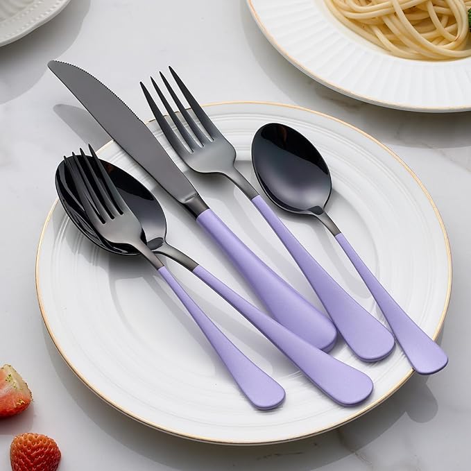 20-Pieces Purple and Black Silverware Sets for 4,Purple Handle Stainless Steel Cutlery Set, Include Forks Spoons and Knives Set, Dishwasher Safe Utensil Sets for Home Restaurant