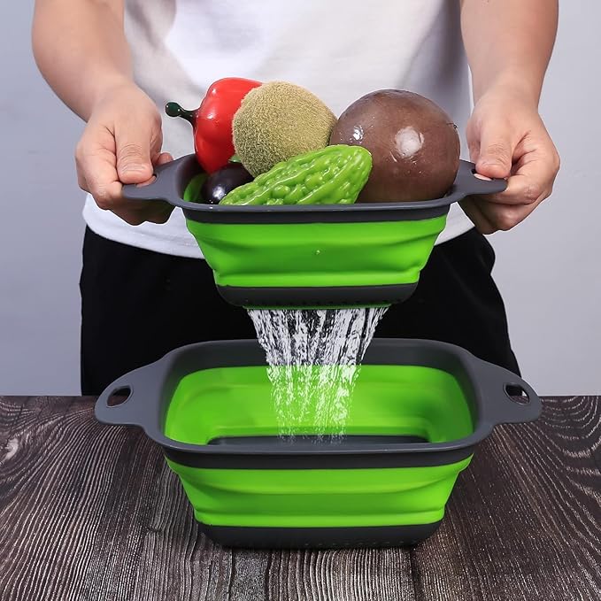 Collapsible Colander Set of 3 Square Silicone Kitchen Strainer Set 1 pcs 9.6 Quart, 1 pcs 6 Quart,1 pcs 4 Quart Perfect for Draining Pasta, Vegetable and fruit for Kitchen and Travel Use