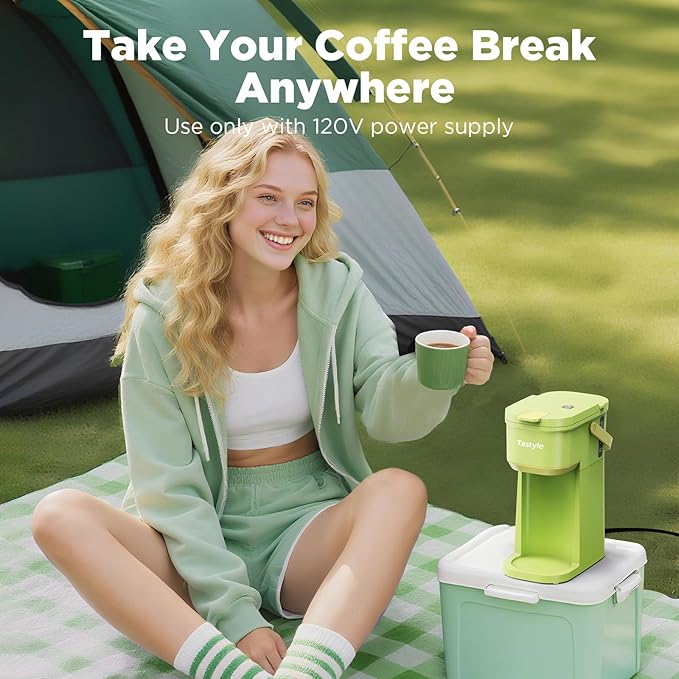 Single Serve One Cup Coffee Maker, for K Cups and Grounds, Mini Coffee Maker with Portable Handle, 6 to 12 Oz Brew Size, for Travel, Camping, Office, RV and Dorm, 120V, Lime Green