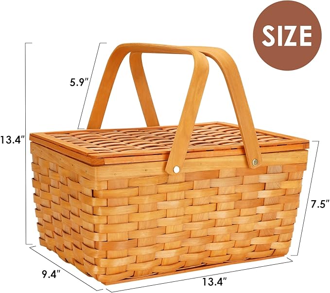 Picnic Basket Set for 2 Persons, Woven Woodchip Basket with Folding Handles & Lid, Red and White Gingham Lining Basket Set with Utensils Cutlery - Perfect for Picnic, Camping, Valentine Day, Outdoor