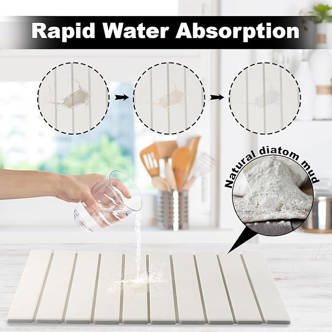 Stone Drying Mat for Kitchen Counter, 23.6"x15.4" Absorbent Dish Drying Mat with 2 Pack Absorbent Stone Coasters, 1 Seasoning Pad, Quick Dry Large Dish Drying Mats for Kitchen Counter, White