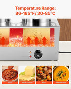 VEVOR Electric Soup Warmer, Two 6.34QT Stainless Steel Round Pot with 86~185°F Adjustable Temp, 1200W Commercial Bain Marie Compatible with Pans, Soup Station for Restaurant, Buffet