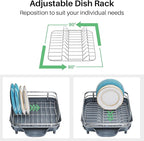 Dish Drying Rack, Expandable Dish Rack for Kitchen Counter, Stainless Steel Dish Drainer with Drainboard Set and Utensil Holder (Gray)