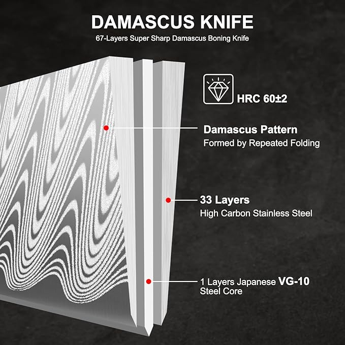 Fillet Knife 6 Inch Damascus Boning Knife for Meat Fish and Poultry Cutting with Super Sharp Japanese Blade with Gift Box and Resin Wood Handle, Ideal Gift for Men and Women