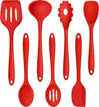 TeamFar Kitchen Utensils, 7 PCS Silicone Cooking Baking Utensil, Non-Stick Kitchen Gadgets with Ladle Spatula Spoon Turner Pasta Server, Non-Toxic & One Piece, Heat Resistant & Dishwasher Safe-Red