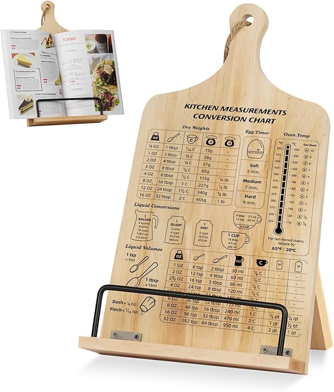 Kitchen Conversion Chart Cookbook Stand, Sturdy Wood Cook Book Holder, Recipe Cookbook Holder Stand with Kitchen Counters, Baking Christmas Gifts for Women, Accessiores for Holding Cookbooks
