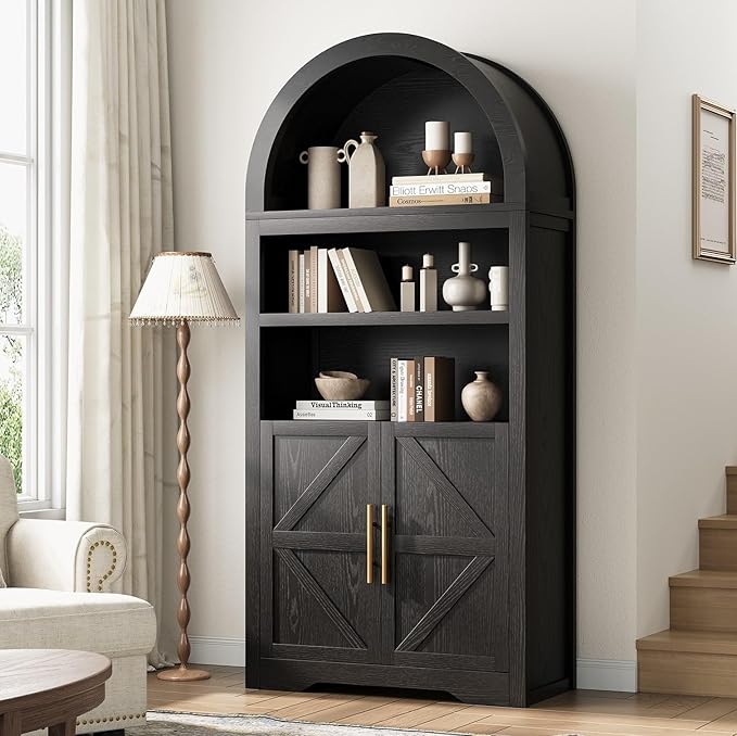 Kitchen Pantry Cabinet, Arched Bookshelf Bookcase China Pantry Storage Cabinet with Doors and Shelves,71“ Tall Food Pantry Funiture for Living Room,Dining Room (Black)