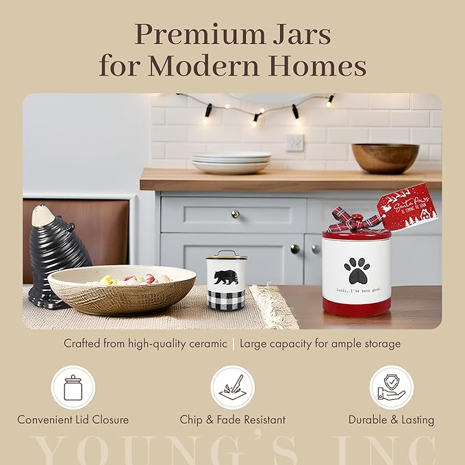 Young's Inc Ceramic Christmas Pet Treat Jar with Lid, Dog Treat Container for Countertop, 4.53" L x 6.1" W Small Animals, Cat, Dog Cookie Jar, Decorative Gifts for Pet Owners