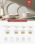 Famiware Milkyway Stoneware Dinnerware Sets with Pasta Bowls, Service for 6 (24 Pieces), Reactive Glaze Plates and Bowls Sets, Microwave and Dishwasher Safe Dishes Set, Matte Beige White